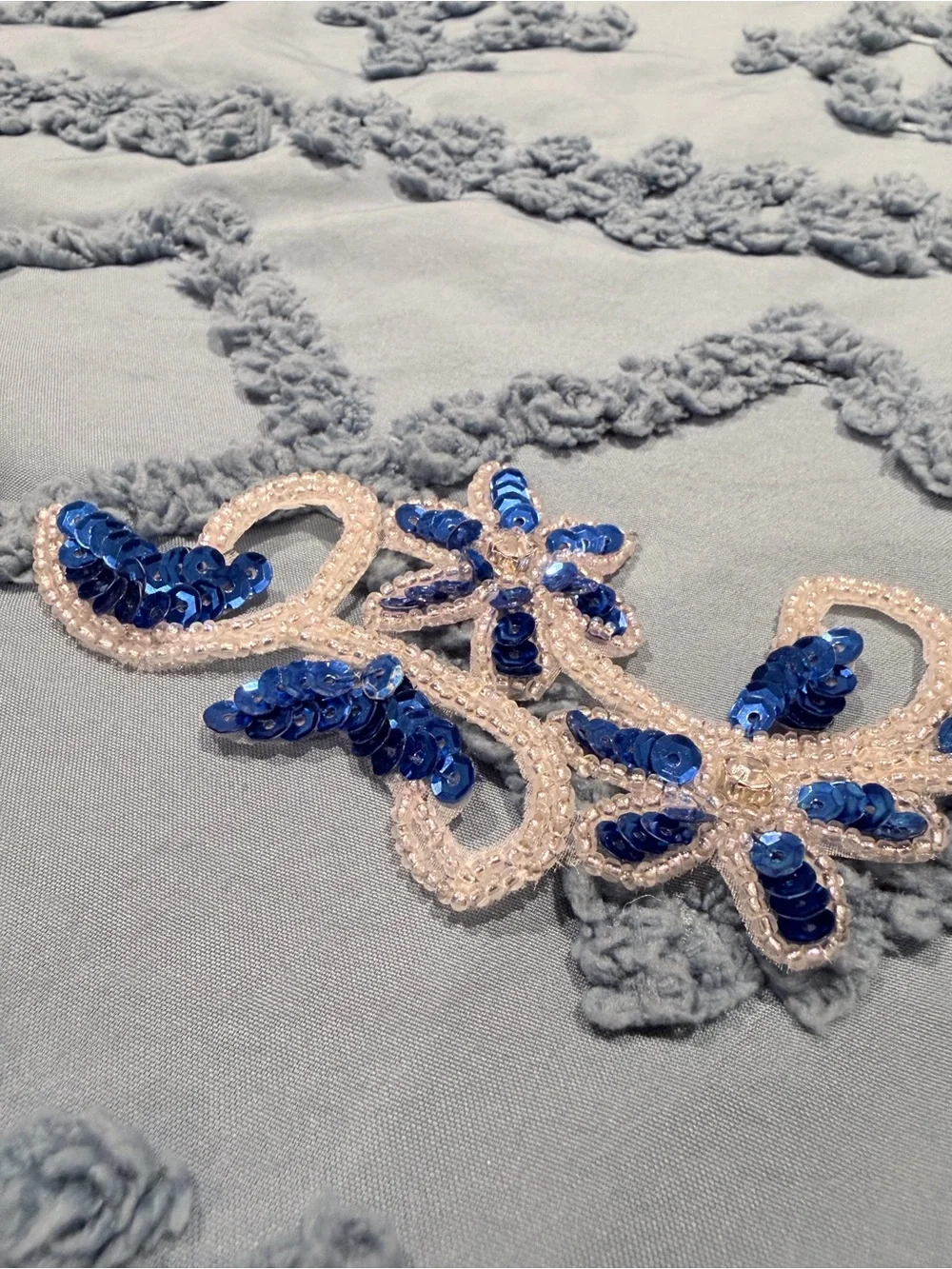 Blue & White Sequin Floral Beaded Lace Appliqué Trim | 6” Embellishment